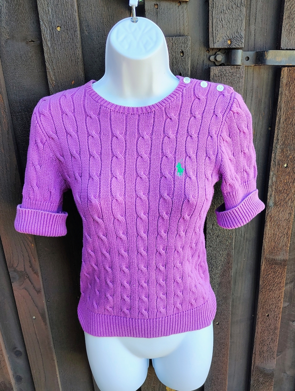 Ralph Lauren Purple Cable-Knit 3/4 Sleeve Crew Sweater